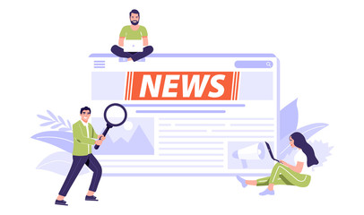 Online breaking news concept. Mens and women reading news with a magnifying glass and on laptop. Vector illustration on white background.