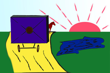 A horse takes a cart with mail. Dawn or sunset, the sun is low. Yellow road, blue sky, green field, a small pond.