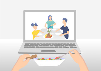 A father makes video calls to his wife and children to have dinner together. Family values. Sitting at a table in front of a laptop eating a salad. Light gray background