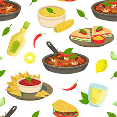 Mexican Traditional Food Seamless Pattern, Takeaway Meal, Restaurant or Cafe Menu Design Element Can Be Used for Wallpaper, Packaging, Background Vector Illustration