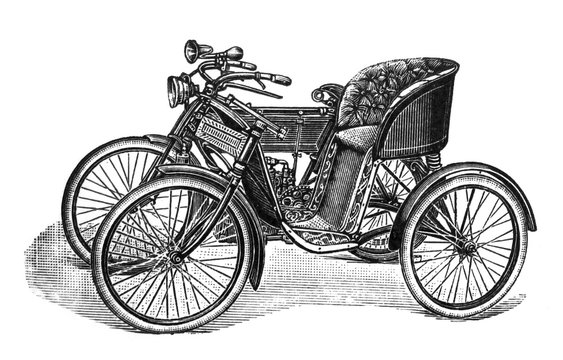 Antique motorcycle sidecar/ Antique engraved illustration from Brockhaus Konversations-Lexikon 1908
