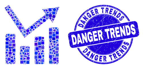 Geometric trend chart mosaic icon and Danger Trends seal stamp. Blue vector round distress seal stamp with Danger Trends message. Abstract concept of trend chart designed of round, triangles,