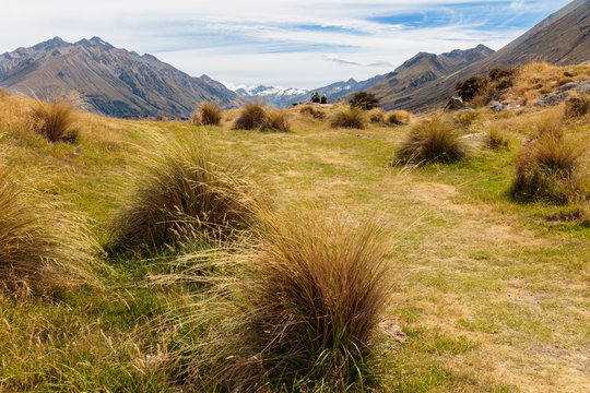 A couple of hikers resting and enjoying the stunning mountain views of Mt.Sunday, New Zealand