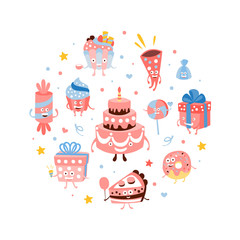 Birthday Party Banner Template with Cute Sweets and Desserts Characters of Round Shape Cartoon Vector Illustration