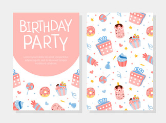 Birthday Party Invitation Card Template with Sweets and Desserts Seamless Pattern Cartoon Vector Illustration