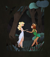 Prince and Princes fairy tale book cover illustration. Couple of character in fron of magic forest.