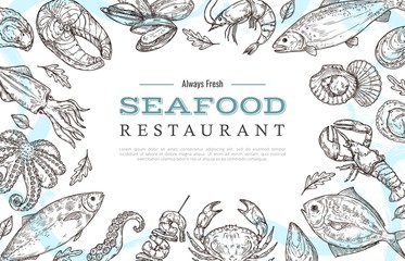 Sketch seafood banner. Drawing fish crab lobster salmon. Restaurant cafe menu vintage poster or flyer. Ocean food market vector background. Illustration seafood sketch, ocean food fish