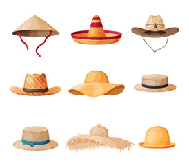 Summer Hats Collection, Straw Headdress For Men and Women, Vintage Elegant Headwears Vector Illustration - obrazy, fototapety, plakaty