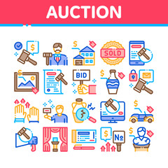 Auction Buying And Selling Goods Icons Set Vector. Internet Auction And Application, Hammer And Car, Agreement And Bid, House And Picture Concept Linear Pictograms. Color Illustrations
