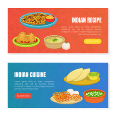 Indian Cuisine and Recipes Landing Page Templates Set, Traditional Asian Tasty Dishes, Ordering Online Service, Takeaway Meal, Tasty Recipes Vector Illustration