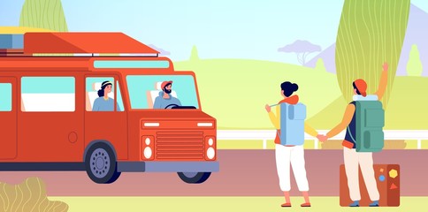 Hitchhiking. Tourists catches car on road. Flat man woman with backpack on roadside waiting taxi. Stop gesture traveller vector illustration. Tourist traveler adventure hitching, couple wait car