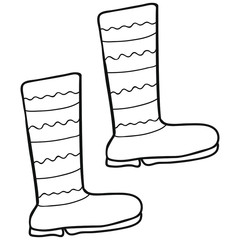 Black and white hand-drawn rubber boots with wavy and straight stripes. Isolated doodle. Coloring page. Shoes for gardening, autumn, forest. Vector.