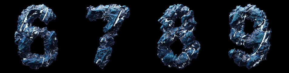 Set of numbers 6, 7, 8, 9 made of ice isolated on black background. 3d