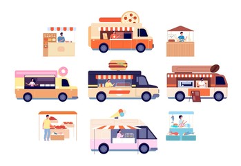 Fototapeta na wymiar Food truck. Tasty snacks transport, isolated street vans with drinks menu and eat. Flat counter and fast food burgers pickup vector set. Food snack and truck fast food illustration collection