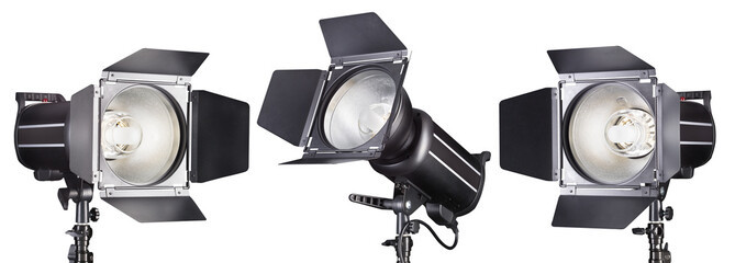 Set of photography studio flash isolated on white background with lamp.