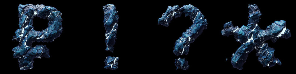Set of symbols rouble, exclamation point, question mark, asterisk made of ice isolated on black background. 3d