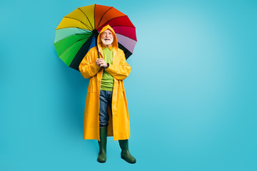 Full length body size view of his he nice cheerful cheery confident grey-haired man wearing yellow topcoat parasol stroll rainy day isolated over bright vivid shine vibrant blue color background © deagreez