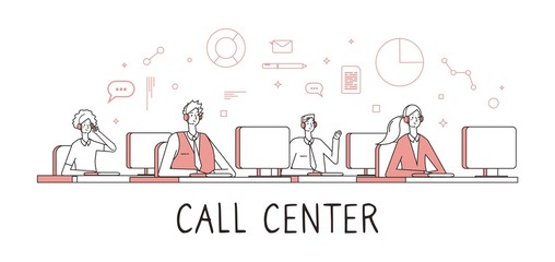Call center concept. Customer support service help desk services. People work remotely with calls. Administrators, hospitality or emergency hotline vector illustration. Help service, call support
