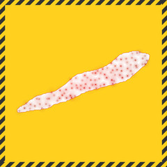 Cayman Brac closed - virus danger sign. Lockdown island icon. Black striped border around map with virus spread concept. Vector illustration.