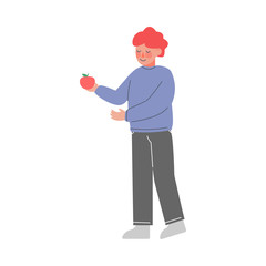 Cute Little Boy Standing and Holding Red Apple Vector Illustration