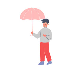 Cute Boy Walking with Umbrella, Child Standing under the Rain Vector Illustration