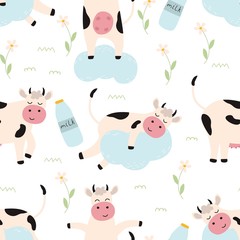 Seamless pattern with a cow in clouds and chamomile flowers on a white background. Vector illustration for printing on fabric, packaging paper, packaging with dairy products