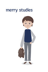 A cute standing school boy with a brown hair and a schoolbag in his hand in a gray jeans and blue waistcoat. Vector cartoon illustration. Isolated on the white background