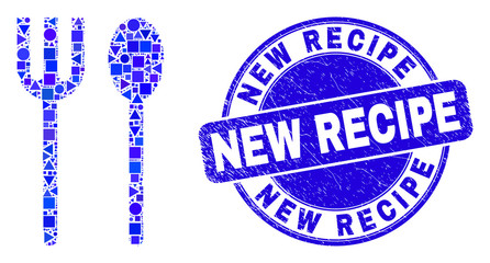 Geometric spoon and fork mosaic pictogram and New Recipe stamp. Blue vector round distress seal stamp with New Recipe caption. Abstract mosaic of spoon and fork done of round, triangles,