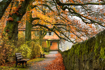 Autumn park with golden leaves in old town Rothenburg ob der Tauber, Bavaria, Germany. November 2014