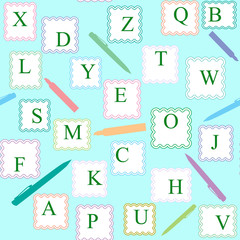 Alphabet English, pen and pencil, school background, seamless pattern
