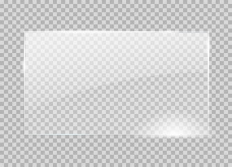 Glass plate on transparent background. Realistic window mockup with effect of light reflection.