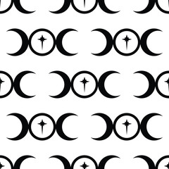 Seamless repeating pattern of the Triple Moon symbol icon with a star at the centre.  Black and white vector illustration. Elegant fabric on light background Surface pattern design.