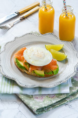 Poached egg, salmon and avocado open sandwich