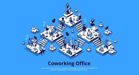 Coworking office isometric landing page. Business center interior, workplace with people work on computers, gadgets and relax. Area for teamwork, freelance 3d vector illustration, line art, web banner - obrazy, fototapety, plakaty