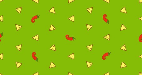 Vector abstract cartoon animation with large number of small rotation wiggle animated images taco chips and peppers chili on green background