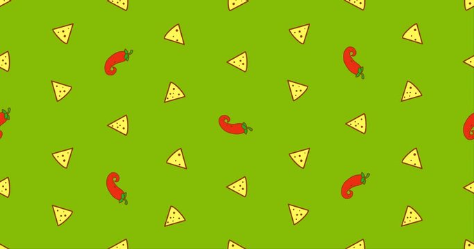 Vector abstract cartoon animation with large number of small rotation wiggle animated images taco chips and peppers chili on green background