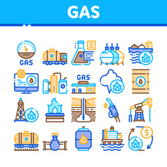 Gas Fuel Industry Collection Icons Set Vector. Gas Truck Cargo Delivery And Carriage Transportation, Station And Derrick, Flame And Barrel Concept Linear Pictograms. Color Illustrations