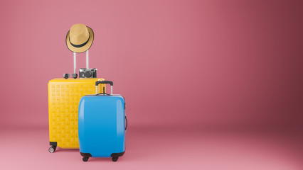 Yellow and blue suitcase with sun hat and glasses, camera on pastel background., travel concept.,3d illustration.