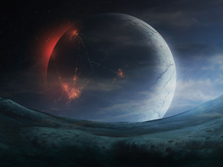 cities on dark side of planet, sci fi space landscape 3d illustration © andreiuc88