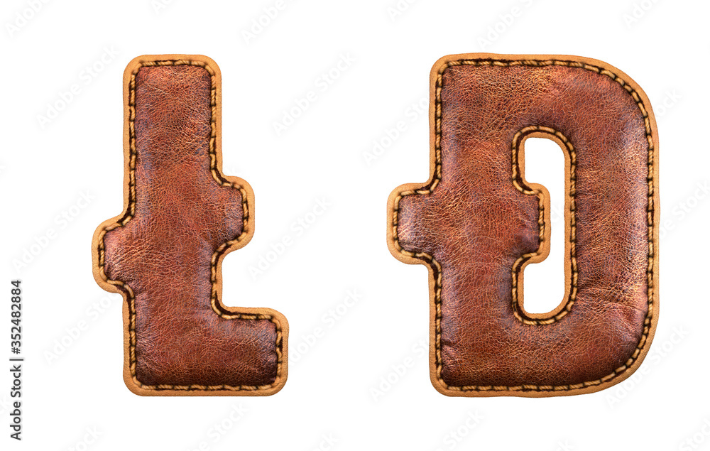 Fototapete set of symbols litecoin and dashcoin made of leather. 3d render font with skin texture isolated on w