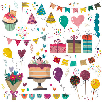 Vector Happy Birthday party elements set - holiday cake, presents, gifts, muffins, cupcakes, balloons, hat, decor.