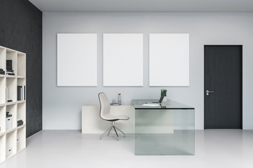 Minimalistic office interior with three blank banners