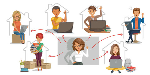e-Learning student concept. Study at home or study online. Illustration for university. Teachers are playing live video teaching students. Children enjoy learning at home.Technology for Education.