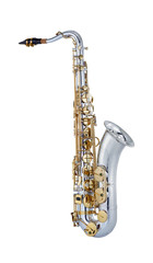 Fototapeta na wymiar Silver Golden Tenor Saxophone, Woodwind Music Instrument Isolated on White background