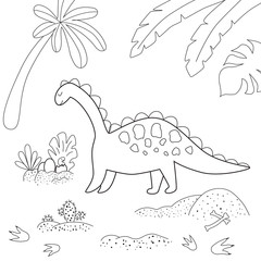Dinosaur coloring page. Cute cartoon dinosaur and his nest with little dino. Black and white for coloring book
