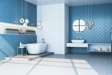 Modern blue bathroom interior with mirror