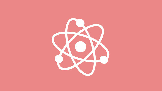 New white atom icon on red light background,Best atom icon