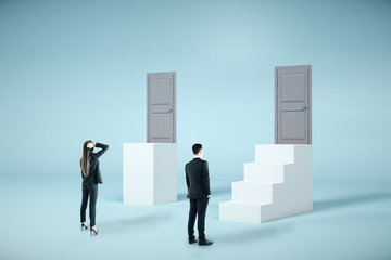 Fototapeta premium Businesspeople looking on ladder with closed door.