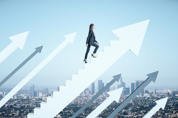 Businesswoman climbs the stairs in the form of white arrow