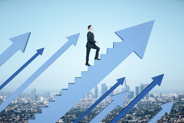 Businessman climbs stairs in form blue arrow